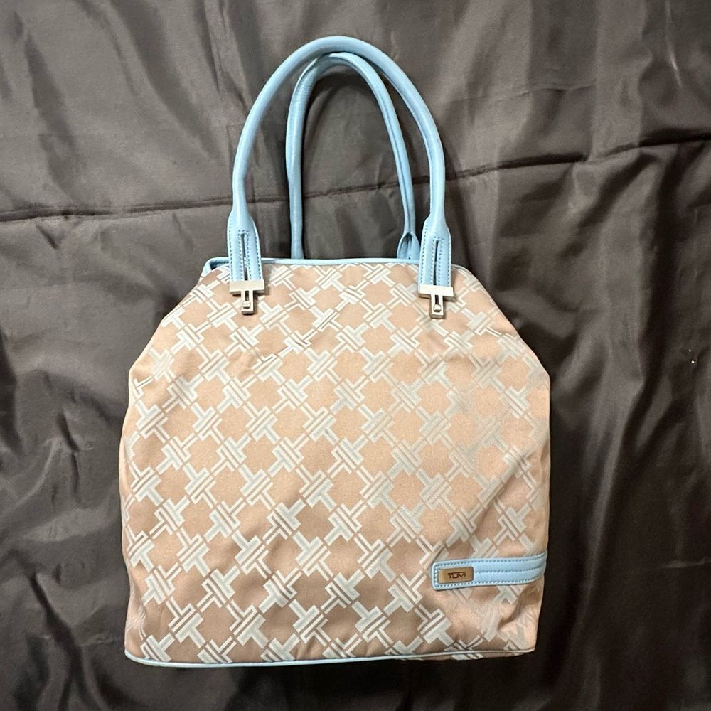 Tumi Blue Taupe Signature Collection Weekender Shoulder Tote Travel Bag.